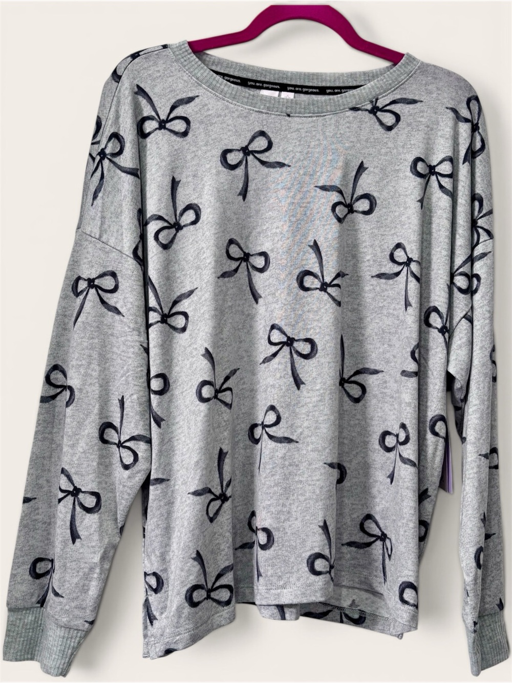 NWT Joyspun super soft Grey Bow-Print Long Sleeve Tee size XLarge (16-18)